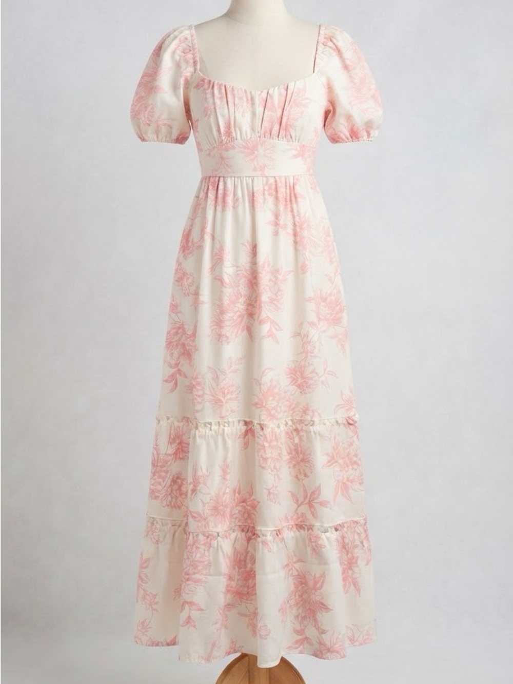 Cream Maxi Dress with Blush Floral Print and Puff Sleeves